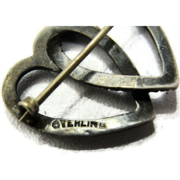 Vintage Sterling Silver Brooch Double Heart - Picture 3 of 9